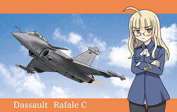  ahoge aircraft airplane ascot cloud commentary_request crossed_arms dassault_rafale day female frown glasses highres hoshino_banchou long_hair military military_uniform pantyhose perrine_h._clostermann photoshop_(medium) sky solo strike_witches uniform vehicle_and_personification vehicle_focus world_witches_series 