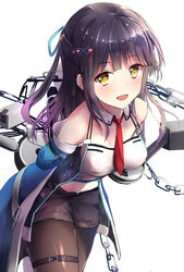  :d anchor_symbol arms_behind_back azur_lane bare_shoulders black_hair black_pantyhose black_shorts blush breasts chains cleavage commentary_request cowboy_shot detached_collar female gradient_hair hair_ornament highres hinaname large_breasts leaning_forward long_hair looking_at_viewer mullany_(azur_lane) multicolored_hair navel necktie open_mouth pantyhose pantyhose_under_shorts purple_hair red_necktie rigging shorts smile solo x_hair_ornament yellow_eyes 