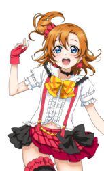  artist_request blue_eyes blush bokura_wa_ima_no_naka_de bow checkered choker earrings female fingerless_gloves frills gloves hairbow half-skirt jewelry jumping kosaka_honoka looking_at_viewer love_live! love_live!_school_idol_festival love_live!_school_idol_festival_after_school_activity love_live!_school_idol_project navel official_art one_side_up open_mouth orange_hair parted_bangs plaid simple_background smile solo suspenders teeth transparent_background 