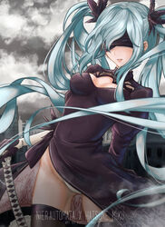  aqua_hair artist_name black_dress blindfold character_name cosplay cowboy_shot dress hatsune_miku highres katana kurisustinah long_hair nier_(series) nier_automata panties solo sword thighhighs twintails underwear very_long_hair vocaloid weapon yorha_no._2_type_b yorha_no._2_type_b_(cosplay) 