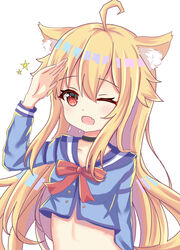  ;d ahoge animal_ear_fluff animal_ears arm_up black_choker blonde_hair blue_sailor_collar blue_shirt blush bow breasts cat_ears choker collarbone commentary_request female hair_between_eyes highres long_hair oerba_yun_fang one_eye_closed open_mouth original red_bow red_eyes sailor_collar salute satori_(ymoy) school_uniform serafuku shirt simple_background small_breasts smile solo star_(symbol) upper_body very_long_hair white_background 