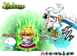  2girls :3 =_= afterimage arm_warmers aura biting black_footwear black_skirt blonde_hair blush_stickers bob_cut bow brown_jacket chibi closed_eyes collared_shirt commentary_request covering_own_mouth dark_aura english_text eyebrows frilled_skirt frills gameplay_mechanics green_eyes green_skirt green_vest hairband hand_over_own_mouth jacket jumping kashuu_(b-q) konpaku_youmu konpaku_youmu_(ghost) layered_clothes light_particles mizuhashi_parsee motion_lines multiple_girls nail_biting paru_paru pointy_ears ponytail puffy_short_sleeves puffy_sleeves ribbon ribbon-trimmed_skirt ribbon_trim shirt shoes short_hair short_sleeves skirt skirt_set sound_effects standing sweatdrop sword touhou translated vest weapon white_hair white_shirt yellow_pupils 