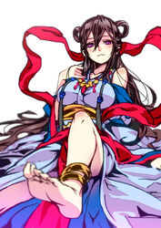  anklet bare_shoulders barefoot black_hair blurry blush breasts commentary_request depth_of_field feet female grin hair_rings hong_(white_spider) izanami_(p&amp;d) jewelry large_breasts long_hair photoshop_(medium) purple_eyes puzzle_&amp;_dragons shawl smile soles solo toes very_long_hair 