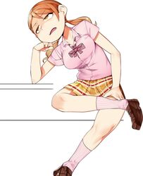  bored brown_footwear female highres hojo_karen idolmaster idolmaster_cinderella_girls loafers menea orange_eyes orange_hair pink_socks school_uniform shoes simple_background socks solo twintails 