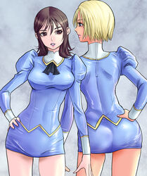  2girls agent_aika aika_(series) ass blonde_hair blue_delmo blue_eyes blue_footwear blue_jacket blue_skirt breasts brown_eyes brown_hair closed_mouth commentary_request cravat delmogeny_uniform extra full_body hand_on_hip high_heels highres jacket juliet_sleeves legs lipstick long_sleeves makeup medium_breasts multiple_girls parted_lips pencil_skirt pink_lips puffy_sleeves shadow shimaguni_yamato simple_background skirt standing taut_clothes uniform 