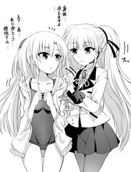  2girls alternate_costume angel_beats! commentary_request greyscale headset highres hood hooded_jacket hoodie jacket long_hair microphone monochrome multiple_girls one-piece_swimsuit pantyhose school_swimsuit school_uniform swimsuit tachibana_kanade tazu translated twintails yusa_(angel_beats!) 