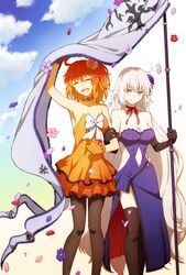  2girls :d ahoge banner black_gloves black_pantyhose black_thighhighs blue_sky chaldea_logo closed_eyes cloud collarbone commentary_request day dress elbow_gloves falling_flower falling_petals fate/grand_order fate_(series) flag flower formal fringe_trim fujimaru_ritsuka_(female) fujimaru_ritsuka_(female)_(starlight_fest) gloves hair_flower hair_ornament holding holding_banner holding_flag jeanne_d&#039;arc_alter_(fate) locked_arms long_hair looking_at_viewer medium_hair multiple_girls official_alternate_costume oiun open_mouth orange_dress orange_flower orange_gloves orange_hair pantyhose petals pink_flower purple_dress purple_flower red_flower sky smile standing thighhighs two-sided_dress two-sided_fabric very_long_hair white_hair yuri 