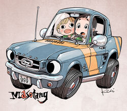  amakasu_hisone black_eyes black_hair car character_doll commentary_request doll driving female ford_mustang ford_mustang_(1st_generation) hisone_to_masotan kaizaki_nao kiichi masotan motor_vehicle muscle_car objectification open_mouth pun short_ponytail simple_background vehicle_focus 