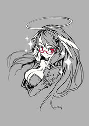  archangel_(p&amp;d) breast_hold breasts cleavage commentary_request female glasses halo head_wings hong_(white_spider) large_breasts long_hair photoshop_(medium) puzzle_&amp;_dragons red-framed_eyewear smile solo sparkle spot_color wings 