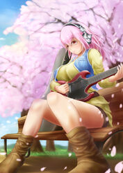  bench blush breasts commentary_request female guitar guitar_case headphones highres instrument instrument_case large_breasts long_hair music nitroplus petals pink_hair playing_instrument red_eyes shorts sitting solo super_sonico tama_(tamakaka1031) 