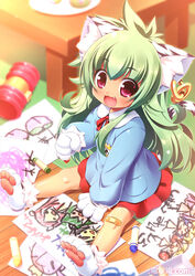  animal_ears animal_hands bandaid bandaid_on_knee bandaid_on_leg cat_ears crayon drawing earrings female gloves green_hair holding jewelry kindergarten_uniform koihime_musou kuwada_yuuki long_hair moukaku oerba_yun_fang official_art open_mouth paper paw_gloves paw_shoes red_eyes school_uniform shoes sitting skirt smile solo tail watermark 