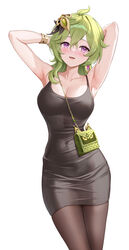  armpits arms_behind_head arms_over_head arms_up blush cleavage collarbone collei_(genshin_impact) covered_navel dress earrings exposed_shoulders genshin_impact green_hair green_purse headwear hips_wider_than_shoulders large_breasts leggings looking_at_viewer lunacle navel navel_visible_through_clothes open_mouth open_smile pantyhose purple_earrings purple_eyes purse shoulder_bag smile smiling smiling_at_viewer solo_female thick_thighs tight_clothes tight_clothing tight_dress tight_fit wide_hips wristwear 