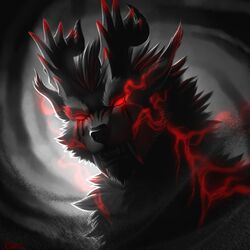  1:1 2016 abstract_background ambiguous_gender angry anthro black_nose bodily_fluids conditional_dnp corruption_(species) digital_media_(artwork) fangs fur grey_body grey_fur highland_psycrhen horn icon legacy_(ratte) negative_energy_(legacy) psycrhen ratte red_eyes red_sclera sharp_teeth signature solo spot_color tears teeth yukikiba 