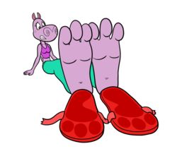  3_toes anthro barefoot biped bottomwear buddythesketcher clothing common_hippopotamus feet female flip_flops flora_the_hippo foot_focus footwear hippopotamid mammal mintymousyx_(artist) pants paws sandals shirt simple_background soles solo toes topwear 