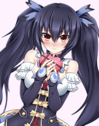  bare_shoulders black_hair blush box breasts bridal_gauntlets cleavage closed_mouth commentary detached_collar detached_sleeves dress elbow_gloves embarrassed female frills full-face_blush gloves hair_between_eyes hair_ornament hair_ribbon heart heart-shaped_box highres long_hair looking_at_viewer medium_breasts neptune_(series) noire_(neptunia) red_eyes ribbon seshiro_(which501) solo twintails valentine very_long_hair 