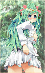  :3 blue_eyes blue_panties blue_sclera blush clothes_lift colored_sclera commentary_request english_text female flower green_hair hair_flower hair_ornament hairclip hand_on_own_chest long_hair oerba_yun_fang panties pantyshot personification photoshop_(medium) pokemon rakkogawa_rinro shaymin shaymin_(land) simple_background skirt skirt_lift speech_bubble standing striped_clothes striped_panties underwear very_long_hair white_skirt 