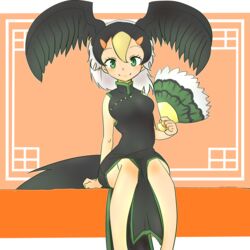  1:1 2018 370ml adolescent animal_humanoid asian_clothing avian avian_humanoid biped bird black_body black_clothing black_feathers black_hair black_tail black_wings blonde_hair breasts chinese_clothing chinese_dress clothed clothing cormorant digital_drawing_(artwork) digital_media_(artwork) dress east_asian_clothing eyelashes feathered_wings feathers female folding_fan front_view fully_clothed green_eyes hair hand_fan head_wings holding_object humanoid humanoid_hands japanese japanese_cormorant_(kemono_friends) kemono_friends light_body light_skin looking_at_viewer medium_breasts multicolored_hair orange_background orange_hair portrait simple_background sitting small_waist smile solo tail tail_feathers tan_body tan_skin three-quarter_portrait white_hair wings young 