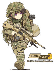  backpack bag black_hair body_armor boonie_hat boots brown_footwear brown_hat brown_jacket brown_pants camouflage camouflage_jacket camouflage_pants chinese_commentary closed_mouth combat_boots commentary_request english_text female full_body ghillie_suit gun harness hat holding holding_gun holding_weapon jacket knee_pads light_frown long_sleeves looking_to_the_side m110_sass military original pants photoshop_(medium) purple_eyes rifle scope short_hair simple_background sniper_rifle solo standing tactical_clothes tanto_(tc1995) trigger_discipline utility_pole walking weapon white_background 