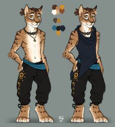  2019 abyssinian_cat anthro barefoot biped digital_media_(artwork) digitigrade domestic_cat dreadlocks eurasian_lynx feet felid feline felis hybrid lynx male mammal model_sheet nomad_(tasanko) noviraine smile solo spotted_tabby standing 