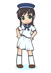  aka-kabuto_no_gema alternate_costume black_hair blue_hat blue_neckerchief blue_sailor_collar commentary_request contrapposto female fubuki_(kancolle) full_body green_eyes hands_on_own_hips hat kantai_collection low_ponytail neckerchief pleated_skirt ponytail sailor_collar sailor_hat school_uniform serafuku short_ponytail sidelocks skirt socks solo standing white_background white_skirt white_socks 