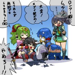  1boy armor armored_dress ass black_hair blue_eyes blue_hair blush breasts brown_hair cape catria_(fire_emblem) commentary_request elbow_gloves fingerless_gloves fir_(fire_emblem) fire_emblem fire_emblem:_mystery_of_the_emblem fire_emblem_awakening fire_emblem_heroes gloves green_eyes green_hair hair_ornament headband kara_age lon&#039;qu_(fire_emblem) long_hair medium_breasts pegasus_knight_uniform_(fire_emblem) pointy_ears polearm ponytail short_hair smile sword thighhighs tiki_(adult)_(fire_emblem) tiki_(fire_emblem) translated weapon 