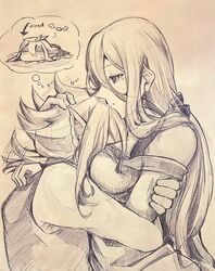  1boy azura_(fire_emblem) breast_pillow chibi commentary_request corrin_(fire_emblem) corrin_(male)_(fire_emblem) female fire_emblem fire_emblem_fates graphite_(medium) hug long_hair monochrome pointy_ears shiratsu_(white-seaside) short_hair sleepy straight traditional_media very_long_hair 