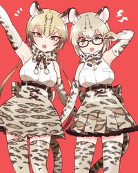  2girls 50yen_(gojiue) :o adjusting_eyewear animal_ears animal_print arm_at_side arm_up armpits bare_shoulders black-framed_eyewear black_hair blonde_hair blush bow bowtie breasts brown_eyes cat_ears cat_tail commentary_request cowboy_shot elbow_gloves glasses gloves gradient_hair green_eyes hand_up high-waist_skirt kemono_friends legs_apart long_hair looking_at_viewer margay_(kemono_friends) medium_breasts miniskirt multicolored_hair multiple_girls ocelot_(kemono_friends) oerba_yun_fang red_background short_hair simple_background skirt sleeveless standing tail thighhighs underbust zettai_ryouiki 