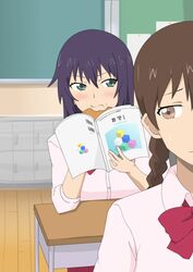  2girls amaama_to_inazuma book bow braid brown_eyes brown_hair classroom commentary_request eating eating_during_class food food_on_face gobanme_no_mayoi_neko green_eyes highres holding holding_book iida_kotori multiple_girls puffy_cheeks purple_hair school_uniform sweatdrop textbook 