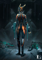  armor arms_at_sides ass bodysuit claws commentary_request corpse corpus_(warframe) drone female from_behind full_body highres indoors kevin_glint looking_down mecha non-humanoid_robot robot solo standing valkyr_(warframe) warframe wrist_cuffs 