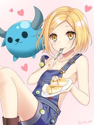  babe_(fate) bad_id bad_pixiv_id blonde_hair cake eating fate/grand_order fate_(series) female food food_on_face fork looking_at_viewer naked_overalls overalls pancake paul_bunyan_(fate) paul_bunyan_(third_ascension)_(fate) plate short_hair siika_620 smile solo yellow_eyes 