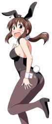  absurdres ahoge anbe_masahiro animal_ears ass bare_shoulders blush breasts brown_eyes brown_hair bunny_day commentary cuffs embarrassed female from_side furukawa_keiko hair_ornament hair_scrunchie hairband hand_on_own_ass high_heels highres large_breasts leg_up looking_at_viewer low_ponytail mole mole_under_eye open_mouth pantyhose playboy_bunny ponytail rabbit_ears rabbit_tail scrunchie shinryaku!_ikamusume solo tail wavy_mouth white_background 