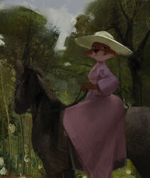  2016 ambiguous_gender anthro biped breasts canid canine cheek_tuft clothing digital_media_(artwork) digital_painting_(artwork) disney dress duo equid equine eyelashes facial_tuft female feral forest fox furstang hat headgear headwear hi_res horse horseback horseback_riding looking_back maid_marian mammal nature outside pink_clothing pink_dress plant riding riding_horse robin_hood_(disney) tree tuft 