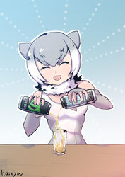  2018 5_fingers animal_humanoid armwear asian_small-clawed_otter_(kemono_friends) beverage beverage_can biped blue_background breasts closed_eyes clothed clothing digital_drawing_(artwork) digital_media_(artwork) elbow_gloves energy_drink female fingerless_gloves fingers front_view fur general_1919810 glass gloves gradient_background grey_hair hair half-length_portrait handwear head_tilt hi_res holding_object humanoid humanoid_hands kemono_friends light_body light_skin mammal mammal_humanoid monster_energy multicolored_hair mustelid mustelid_humanoid neck_tuft open_mouth open_smile outline portrait pouring short_hair simple_background small_breasts smile solo tan_body tan_skin tuft turkish two_tone_hair white_background white_body white_clothing white_fur white_hair 