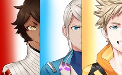  1boy 1other androgynous bad_id bad_twitter_id blackkdogg blanche_(pokemon) blonde_hair blue_eyes brown_hair candela_(pokemon) close-up dark_skin female grin hood hoodie pokemon pokemon_go smile spark_(pokemon) spiked_hair split_screen turtleneck white_hair yellow_eyes 