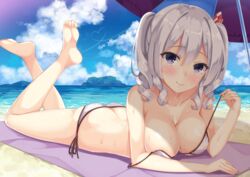  ass barefoot beach beach_umbrella bikini bikini_pull breasts clothes_pull cloud cloudy_sky collarbone commentary_request day female grey_eyes grey_hair hatsu_(first_snow) heart kantai_collection kashima_(kancolle) large_breasts legs_up lying ocean on_stomach outdoors short_hair side-tie_bikini_bottom sky soles solo sweat swimsuit the_pose twintails two_side_up umbrella white_bikini 