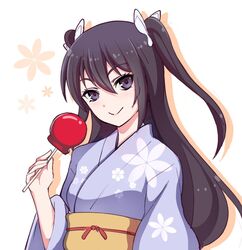  ameno_hibari arm_up blue_eyes blue_hair blue_kimono candy_apple closed_mouth commentary_request double_bun female floral_background floral_print food grey_ribbon hair_bun hair_ribbon holding holding_food japanese_clothes kimono long_hair long_sleeves looking_at_viewer obi ribbon rishi_(ugati028) sash shuriken_hair_ornament sidelocks smile solo upper_body very_long_hair yellow_sash yuragisou_no_yuuna-san 