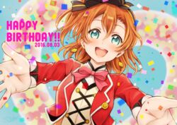  :d balloon birthday blush bow bowtie commentary_request confetti dated earrings female green_eyes hairbow happy happy_birthday jewelry kosaka_honoka long_sleeves looking_at_viewer love_live! love_live!_school_idol_project love_live!_the_school_idol_movie one_side_up open_mouth orange_hair outstretched_arms short_hair smile solo suito sunny_day_song 