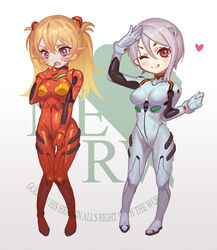  2girls :o ;q ayanami_rei ayanami_rei_(cosplay) between_legs blush bodysuit bracer breasts breasts_apart clenched_hand closed_mouth commentary_request cosplay cousins covered_collarbone embarrassed english_text finger_to_mouth full_body gloves grey_background hair_between_eyes hand_between_legs hand_on_own_chest hand_up headgear heart interface_headset legs_apart legs_together logo long_hair looking_at_viewer looking_down medium_breasts multiple_girls nakiri_alice nakiri_erina neon_genesis_evangelion nerv oerba_yun_fang one_eye_closed open_mouth orange_hair photoshop_(medium) pilot_suit plugsuit purple_eyes raised_eyebrows red_eyes salute shiny_clothes shokugeki_no_souma short_hair simple_background siyedidi souryuu_asuka_langley souryuu_asuka_langley_(cosplay) spoken_heart standing swept_bangs thigh_gap tongue tongue_out turtleneck two_side_up white_bodysuit white_hair 