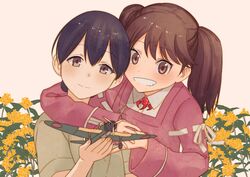  2girls aircraft airplane arm_around_neck b6n_tenzan beige_background black_hair brown_eyes brown_hair commentary_request flower gold_osmanthus grin highres holding japanese_clothes kantai_collection kariginu kasuga_maru_(kancolle) long_sleeves looking_at_viewer magatama masukuza_j multiple_girls ryuujou_(kancolle) short_hair short_sleeves smile taiyou_(kancolle) twintails upper_body yellow_flower 