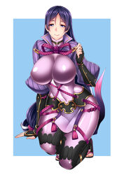  blue_background bodysuit breasts commentary covered_navel curvy fate/grand_order fate_(series) female fingerless_gloves gloves huge_breasts kneeling long_hair looking_at_viewer megatama minamoto_no_raikou_(fate) purple_bodysuit purple_eyes purple_hair shoes smile solo thighs toeless_footwear very_long_hair wide_hips 