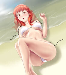  ass bare_legs bare_shoulders bikini blush breasts celica_(fire_emblem) commentary_request female fire_emblem fire_emblem_echoes:_shadows_of_valentia fire_emblem_heroes hairband lips lying medium_breasts open_mouth reflection sand solo string_bikini swimsuit thor_(deep_rising) underboob untied_bikini water white_bikini 