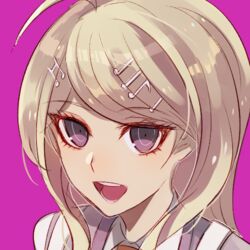  :d ahoge akamatsu_kaede blonde_hair commentary danganronpa_(series) danganronpa_v3:_killing_harmony female hair_ornament long_hair looking_at_viewer lowres musical_note musical_note_hair_ornament namiey open_mouth parted_bangs portrait purple_background purple_eyes simple_background smile solo 