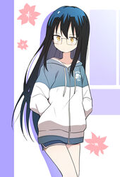  absurdres black_hair blush bural_chingu commentary female glasses hair_between_eyes highres hood hoodie ju_hyeon-mi korean_commentary long_hair looking_at_viewer luke_(dydansgur) red-framed_eyewear short_shorts shorts solo yellow_eyes 