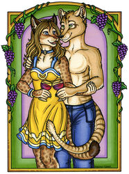  alcohol art_nouveau beverage bottomwear clothing denim denim_bottomwear denim_clothing dress duo felid feline female jeans kalika-tybera male mammal pants wine 