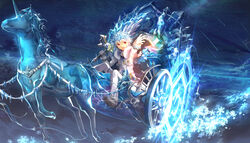  1boy commentary_request crown elsword elsword_(character) glacier highres horse ice photoshop_(medium) red_eyes rune_slayer_(elsword) runes scorpion5050 shooting_star sky sleigh snowflakes sword weapon white_hair 