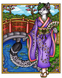  anthro asian_clothing bridge cherry_blossom clothing east_asian_clothing felid female fish flower group japanese_clothing kalika-tybera kimono leopard mammal marine pantherine plant pond prunus_(flower) solo_focus tree 