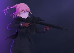  45_degree_offset_sight ar-15 assault_rifle backlighting black_jacket black_necktie black_pants black_suit black_vest blue_eyes blue_shirt commentary_request commission commissioner_upload cosplay female formal girls&#039;_frontline gloves gradient_background gun hair_ornament highres jacket john_wick john_wick_(character) john_wick_(character)_(cosplay) magazine_(weapon) magpul muzzle_device necktie pants pink_hair red_gloves reiji-rj rifle scope shirt solo st_ar-15_(girls&#039;_frontline) suit taran_tactical_innovations trigger_discipline vertical_foregrip vest weapon 