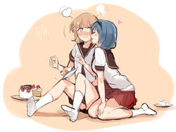  2girls aimitsu_(ibityuttyu) black_hairband blonde_hair blue_hair blush cake cake_slice commentary_request dated food food_on_face fruit full_body furutani_himawari hairband heart licking licking_another&#039;s_cheek licking_another&#039;s_face multiple_girls nanamori_school_uniform no_shoes oomuro_sakurako plate school_uniform serafuku sitting socks strawberry strawberry_shortcake surprised white_socks yellow_eyes yuri yuru_yuri 