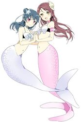  2girls :d aqua_hair armband bad_id bad_twitter_id choker commentary_request hair_bun hair_ornament hand_on_another&#039;s_hip holding_hands long_hair love_live! love_live!_sunshine!! mermaid monster_girl monsterification multiple_girls nakayama_miyuki navel open_mouth sakurauchi_riko seashell shell shell_bikini shell_hair_ornament simple_background single_hair_bun smile starfish starfish_hair_ornament tsushima_yoshiko white_background yellow_eyes 