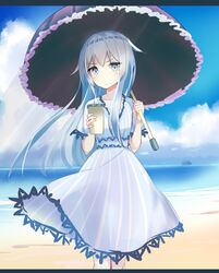  alternate_costume beach blue_dress blue_eyes blue_sky blush cloud cloudy_sky collarbone commentary_request cup day dress female grey_hair hammer_and_sickle hibiki_(kancolle) holding holding_cup holding_umbrella kantai_collection long_hair looking_at_viewer no_headwear outdoors sand short_sleeves sky solo tenrai umbrella verniy_(kancolle) water wind 